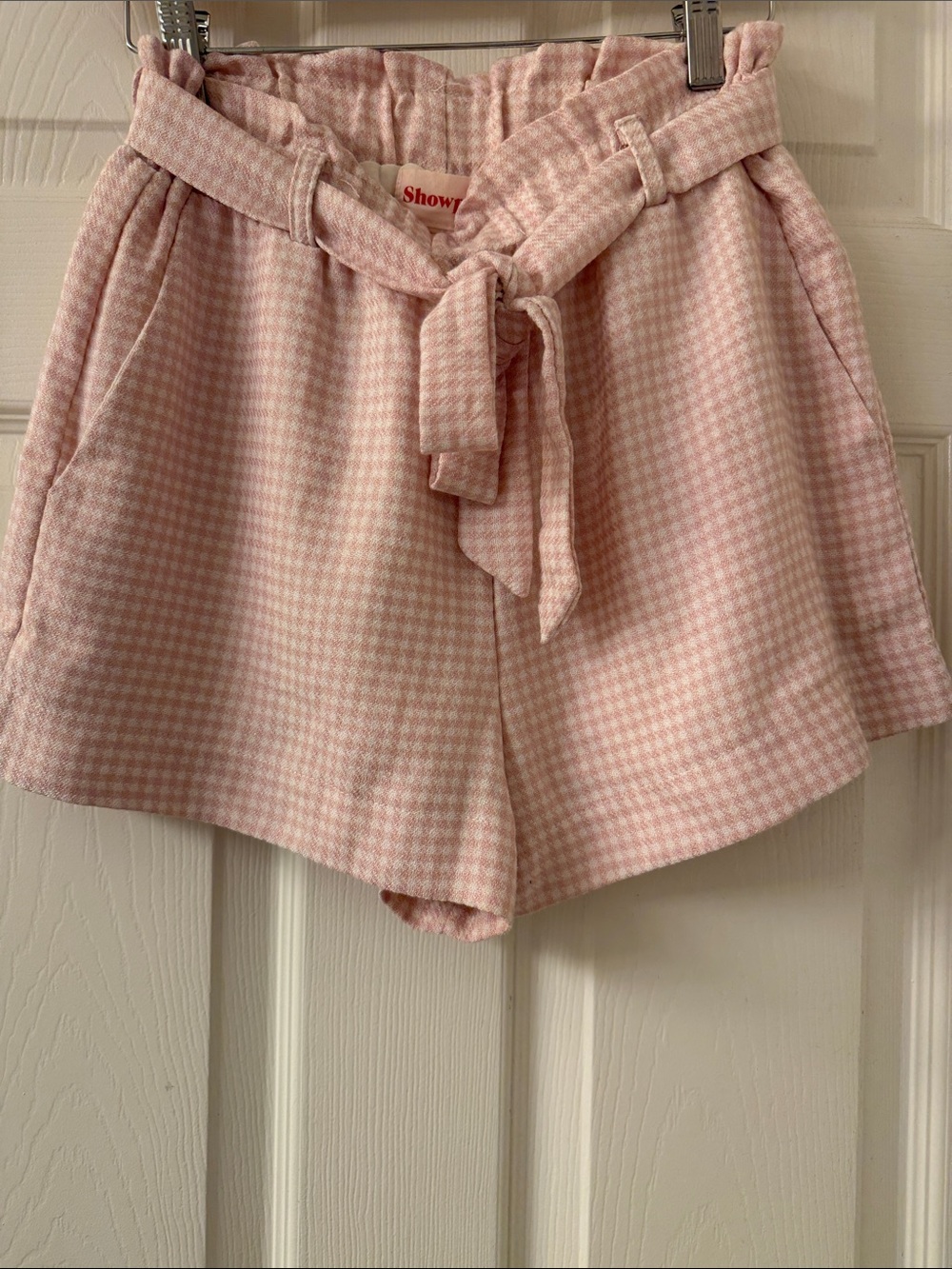 Showpo Pink Houndstooth Paperbag Waist Shorts with Tie Belt